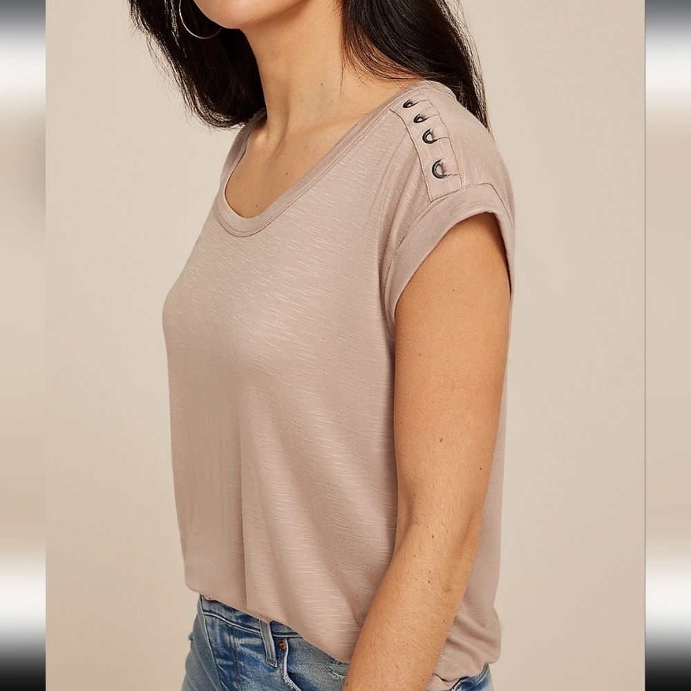 Maurices Tan Button-Shoulder Short Sleeve Top
